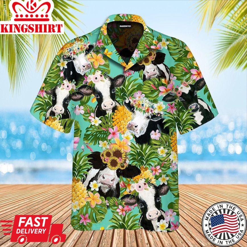 Funny Cow With Flowers Trendy Hawaiian Shirt For