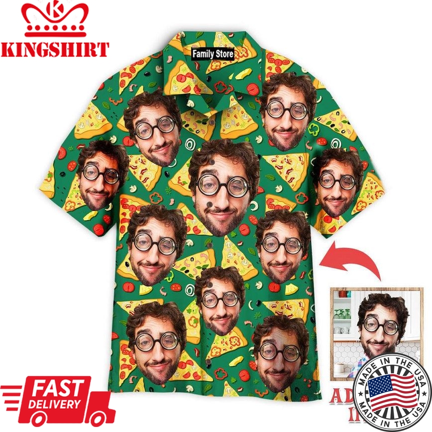 Funny Custom Face Crazy Man Loves Slice Pizza On Green Custom Hawaiian Shirt