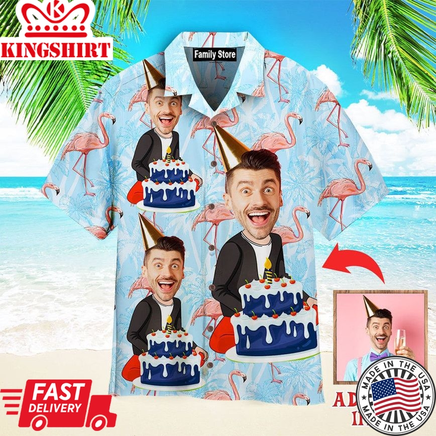 Funny Custom Face Happy Birthday Guy Flamingo On Blue Tropical Custom Hawaiian Shirt