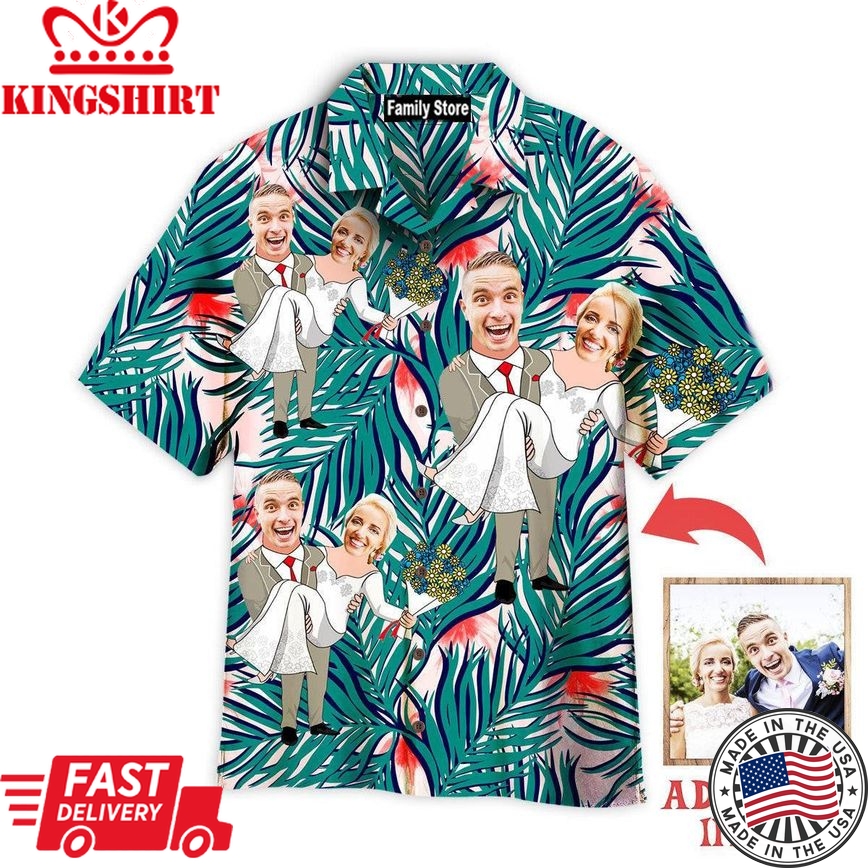 Funny Custom Face Happy Wedding Couple Costume On Tropical Custom Hawaiian Shirt