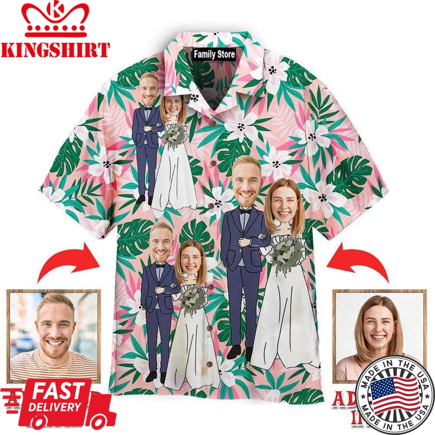 Funny Custom Face Happy Wedding Couple Flower On Pink Tropical Custom Hawaiian Shirt