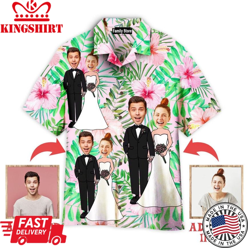 Funny Custom Face Happy Wedding Couple On Tropical Flowers Custom Hawaiian Shirt