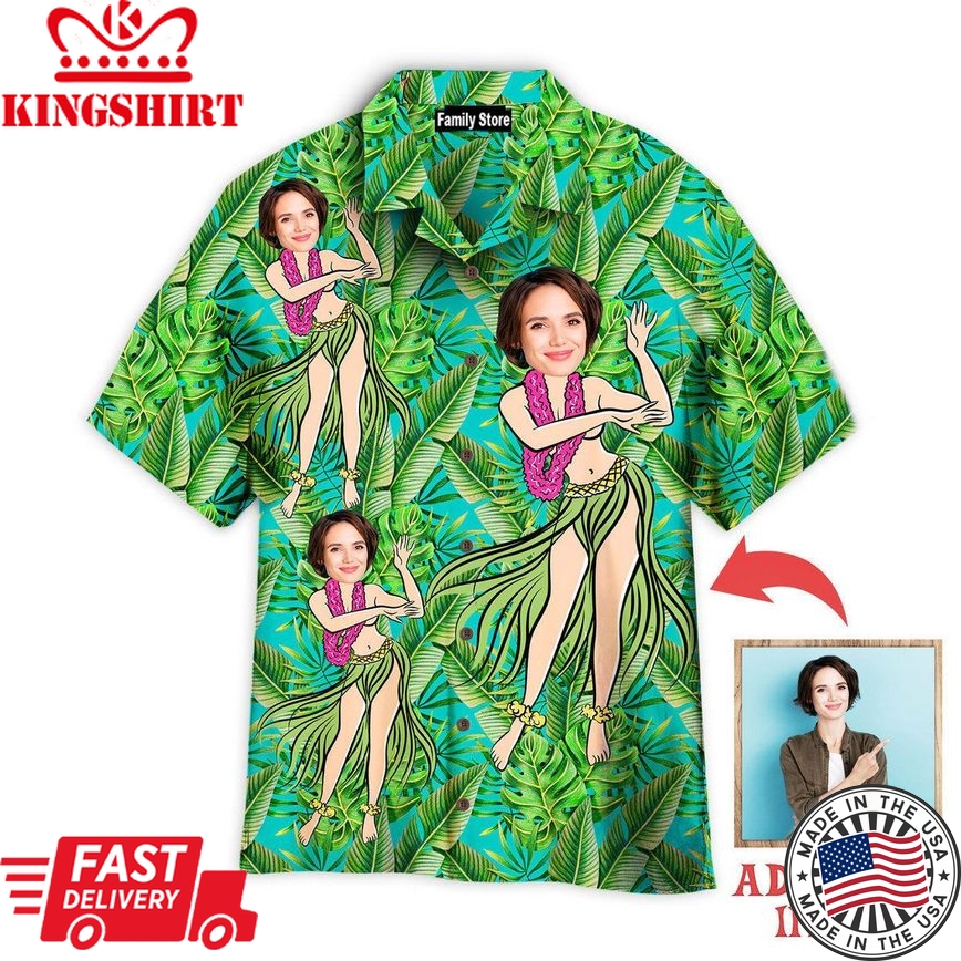 Funny Custom Face Hula Girl Green Tropical Custom Hawaiian Shirt