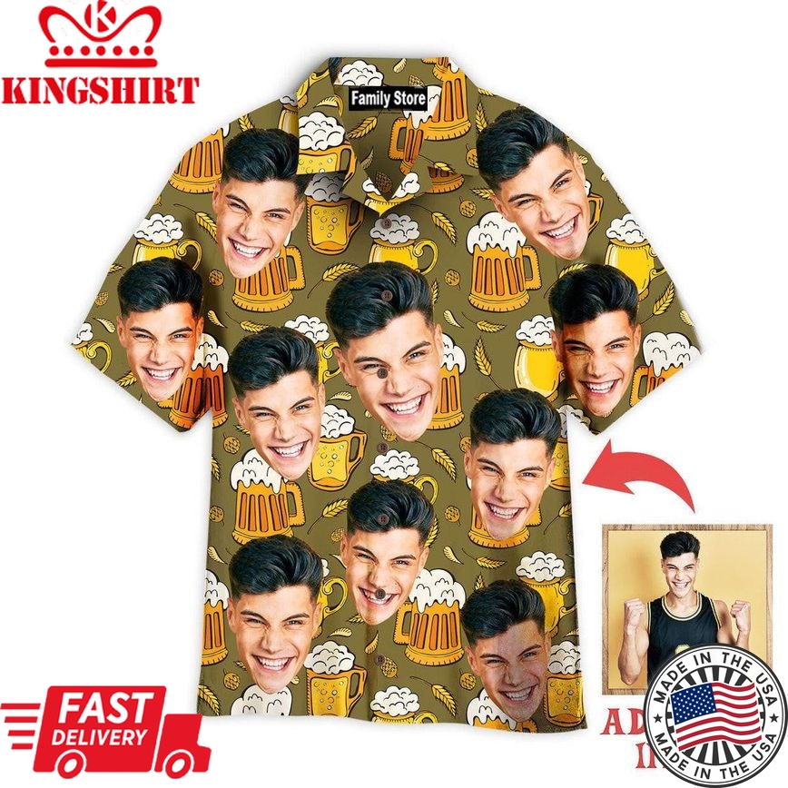 Funny Custom Face Young Guy On Beer Mugs Pattern Custom Hawaiian Shirt