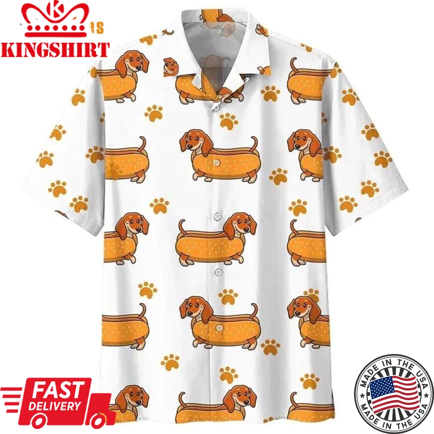 Funny Dachshund Hot Dog White Unisex Trendy Hawaiian Shirts, Dog Trendy Hawaiian Shirt Perfect Gifts For Your Loved Ones