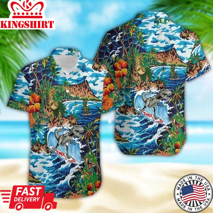 Funny Dinosaur Surfing On Tropical Island Trendy Hawaiian Shirt