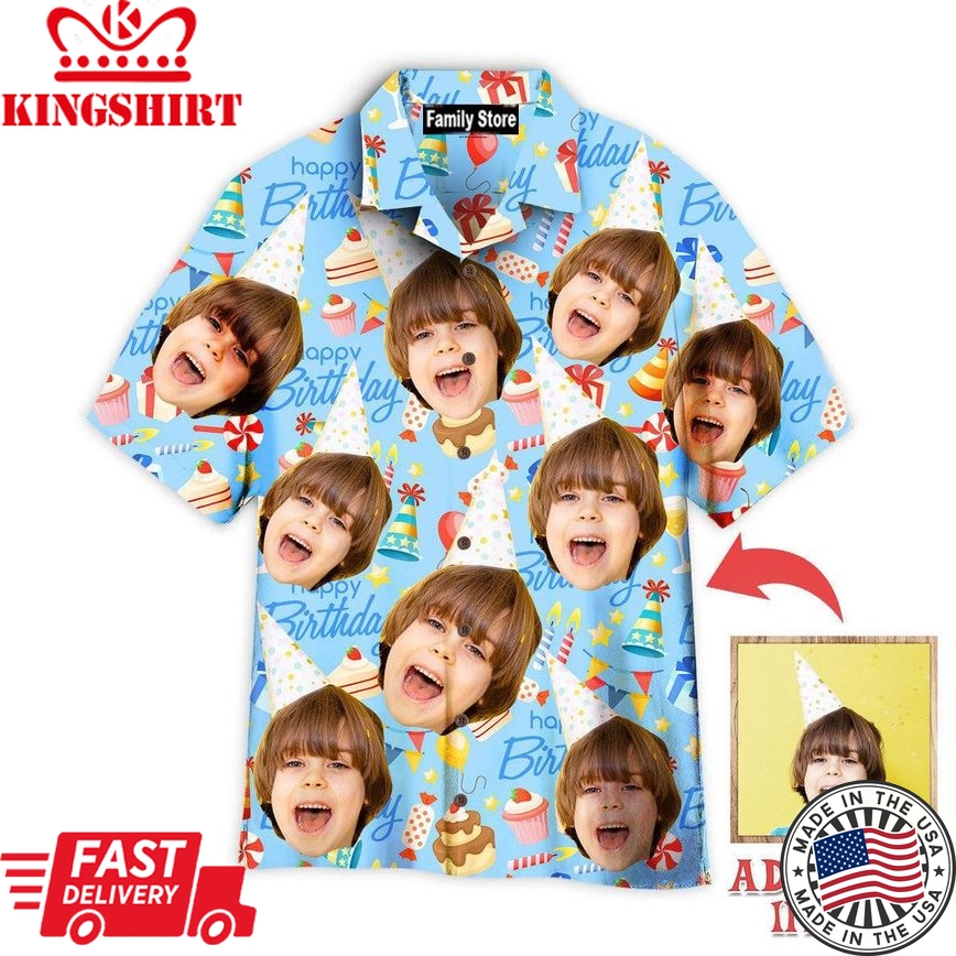 Funny Face Happy Birthday On Blue Birthday Gifts Custom Hawaiian Shirt