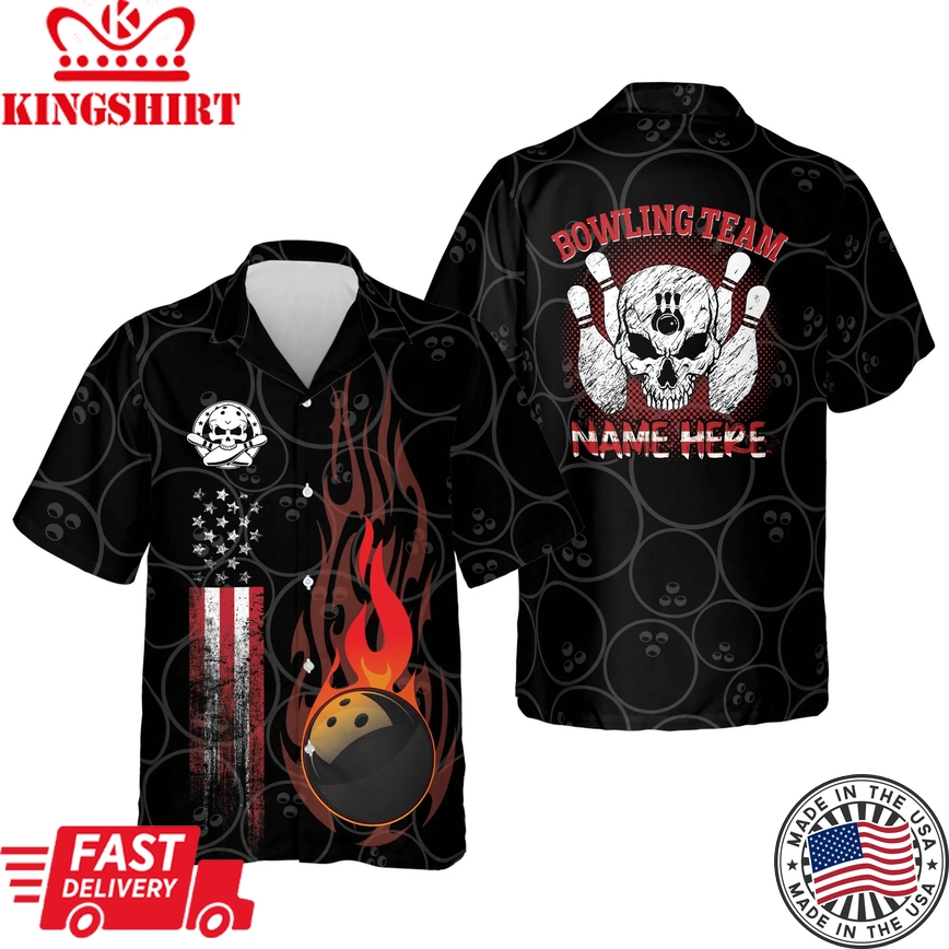 Funny Flame Skull Bowling Team Button-Down Short Sleeve Trendy Hawaiian Shirt For Men And Women, Summer Gift For Bowling Team Shirt