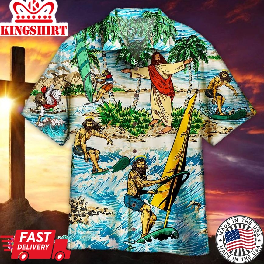 Funny Jesus Surfing Summer Tropical Aloha Hawaiian Aloha Beach Shirt