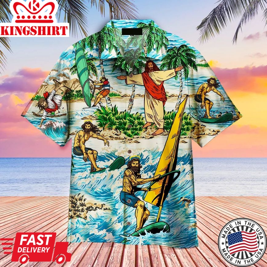 Funny Jesus Surfing Summer Tropical Aloha Hawaiian Shirts For Men And Women