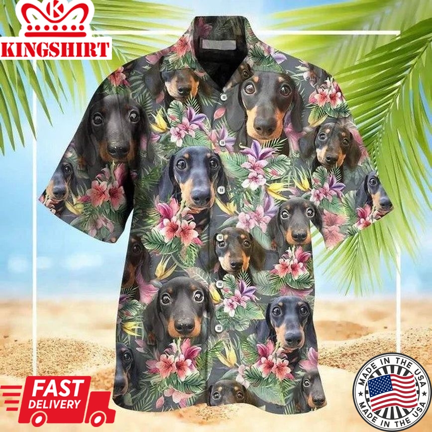 Funny Moment Of Dachshund In Tropical Jungle Hawaiian Shirt