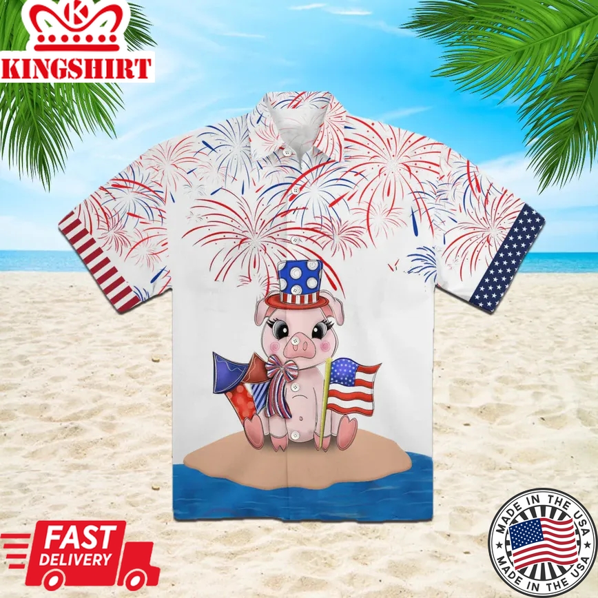 Funny Pig American Flag Firework Trendy Hawaiian Shirt For Aloha Shirt