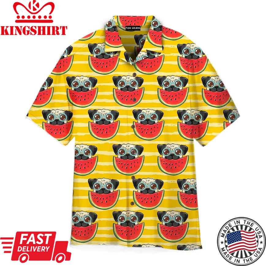 Funny Pug In Sunglasses Eating Watermelon Trendy Hawaiian Shirt For Aloha Shirt