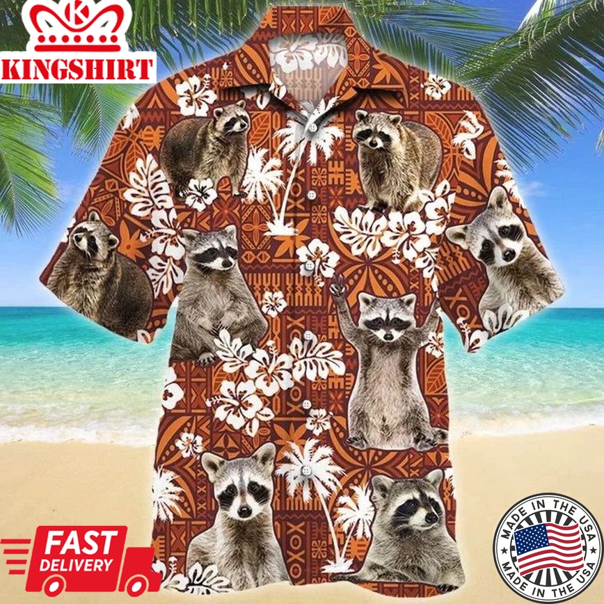 Funny Raccoon On Red Tribal Hawaiian Shirt