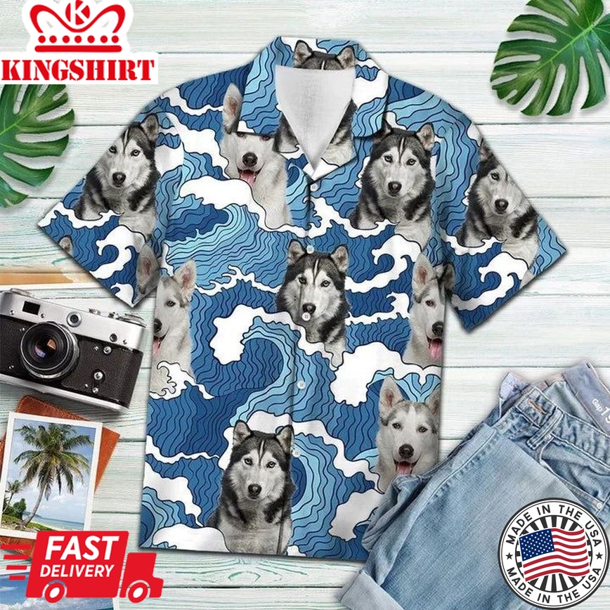 Funny Siberian Husky Portrait On Ocean Wave Pattern Hawaiian Shirt