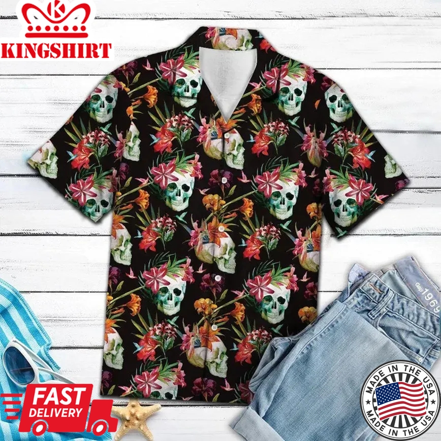 Funny Skull Into Tropical Jungle Trendy Hawaiian Shirt, Short Sleeve Hawaiian Aloha Shirt For Men