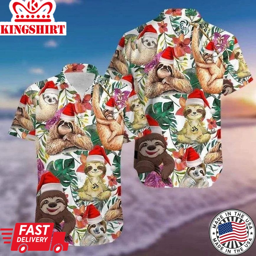 Funny Sloth Merry Christmas Tropical Leaves Vintage Style Design Hawaiian Shirt