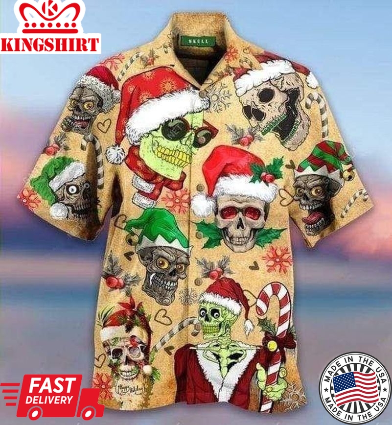 Funny Smiling Skull In Santa Hat Christmas Trendy Hawaiian Shirt, Short Sleeve Hawaiian Aloha Shirt