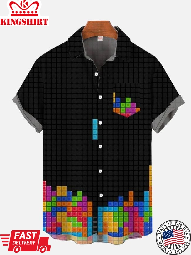 Funny Tetris Falls Rainbow Printing Hawaiian Short Sleeve Aloha Hawaiian Shirt