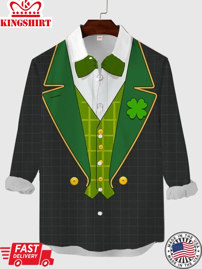 Funny Tuxedo Irish Leprechaun Costume For St. Patrick's Day Printing Men's Long Sleeve Aloha Hawaiian Shirt