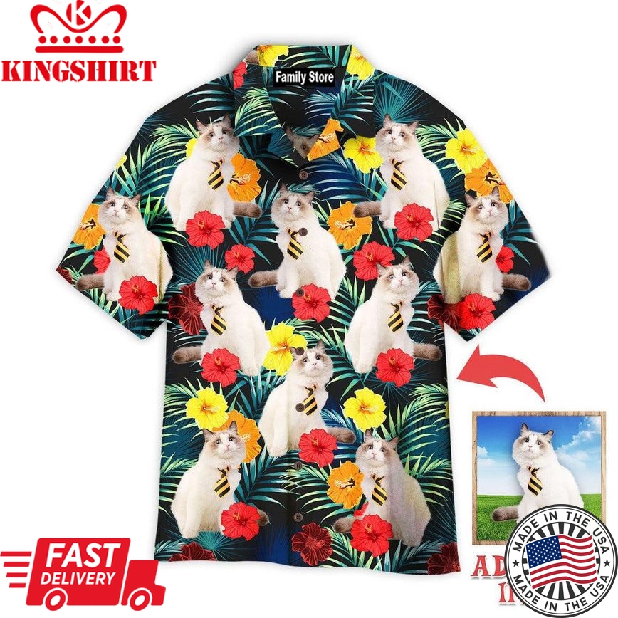 Funny White Cat Sitting Beside Tropical Floral Custom Hawaiian Shirt