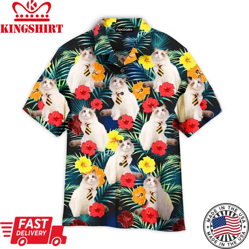 Funny White Cat Sitting Beside Tropical Floral Pattern Trendy Hawaiian Shirt For Aloha Shirt