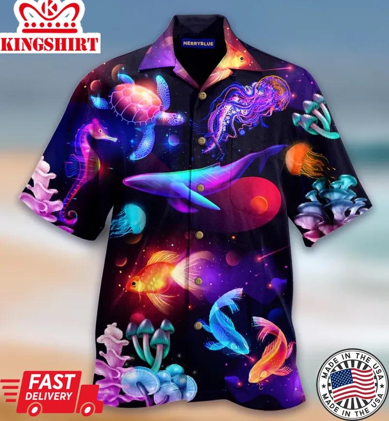 Galaxy Universe Fishes Whale Turtle Golden Fish Sea Creature Neon Glow Trendy Hawaiian Shirt 3D Summer Gifts