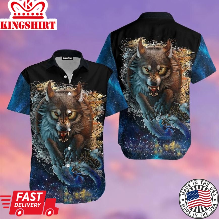 Galaxy Wolf Hunting Trendy Hawaiian Shirt For