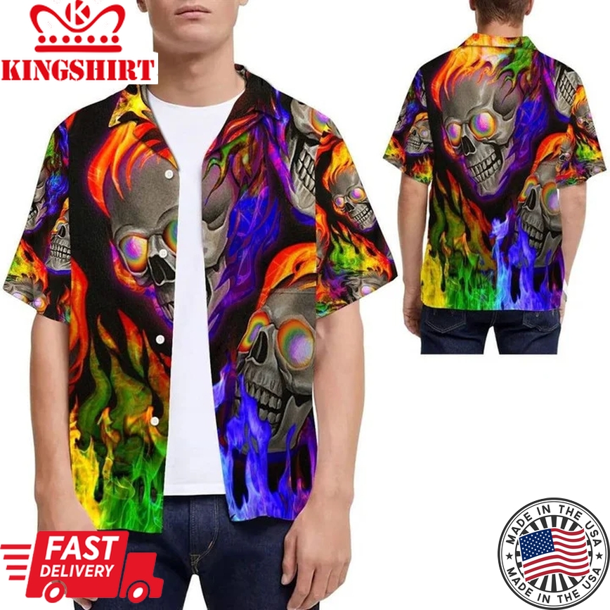 Gay Hawaiian Shirts, Beach Shirt Lgbt Pride Rainbow Flame Skull Hawaii Shirt