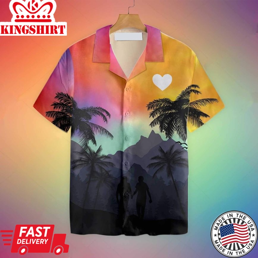 Gay Pride 3D Hawaiian Shirt, Cool Lgbt Sunset With Heart Hawaiian Shirt