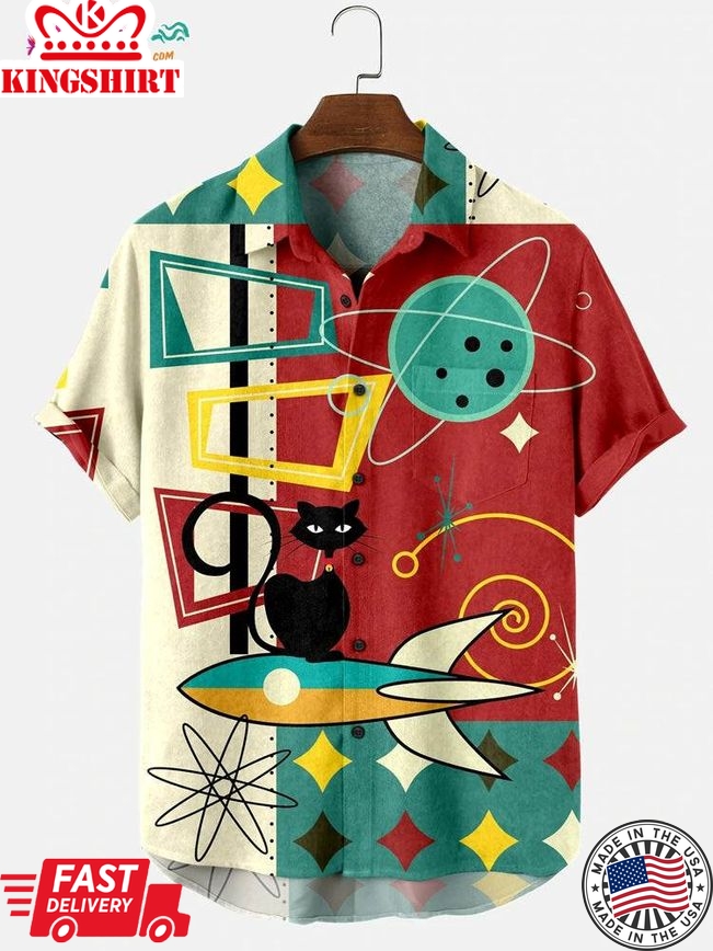 Geometric Cat Print Holiday Short-Sleeved Trending Hawaiian Shirts Shirt