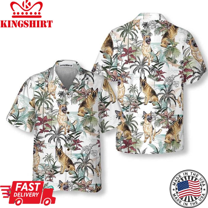 German Sheperd Summer Tropical Pattern Hawaiian Shirt, Tropical German Sheperd Shirt For Dog Lovers