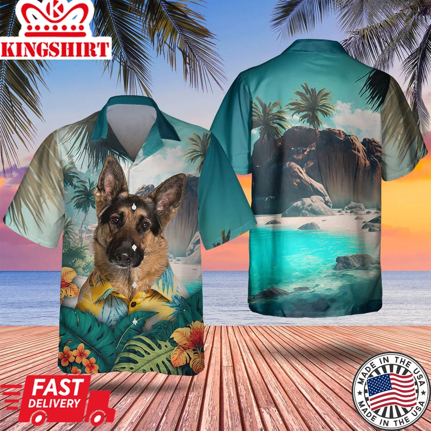 German Shepherd 3D Tropical Trendy Hawaiian Shirt, Dog Lover Trendy Hawaiian Shirt, Summer Trendy Hawaiian Shirt For Men And Women