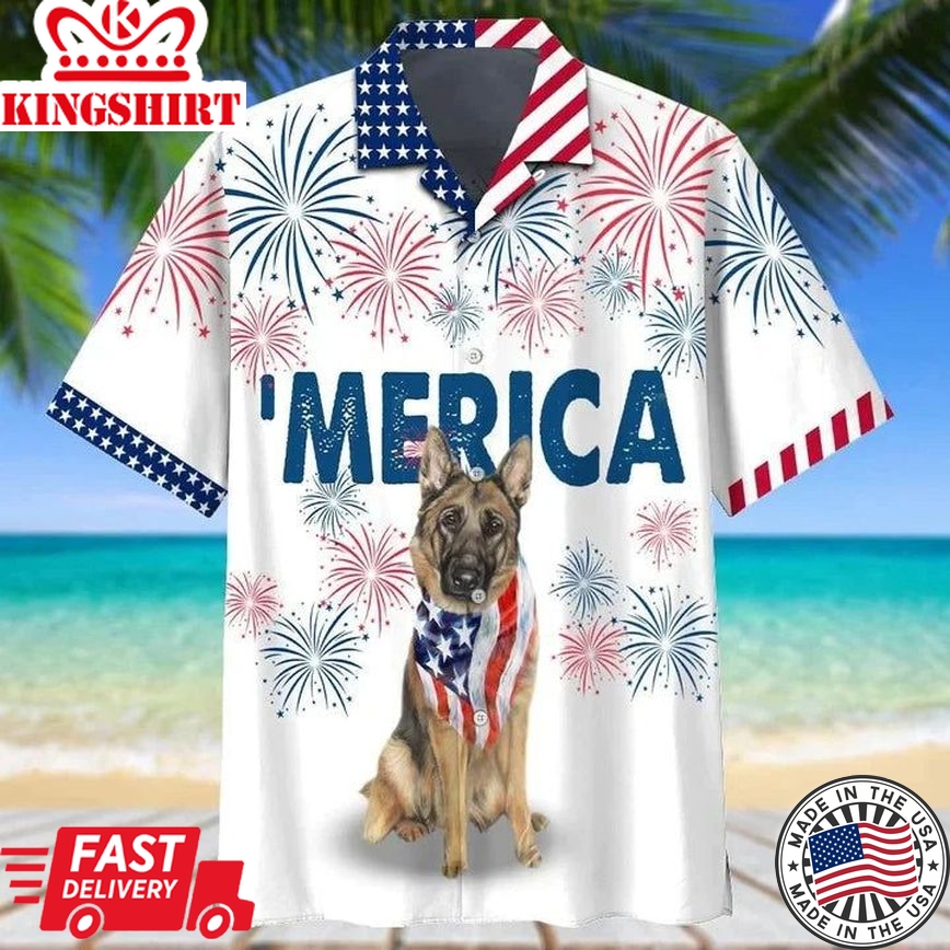 German Shepherd American Flag Red And White Firework Hawaiian Shirt