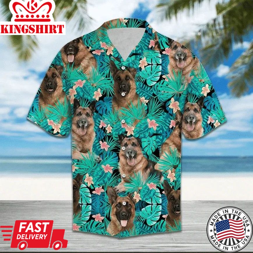 German Shepherd Behind Tropical Leave And Flower Hawaiian Shirt