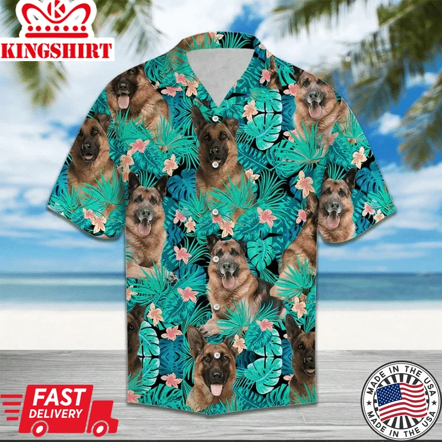 German Shepherd Behind Tropical Leave And Flower Trendy Hawaiian Shirt