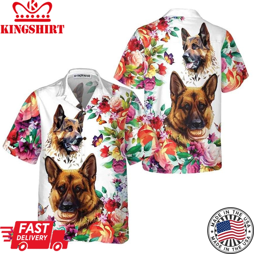 German Shepherd Floral Pattern Hawaiian Shirt, Funny German Shepherd Shirt, Dog Hawaiian Shirt For Adults