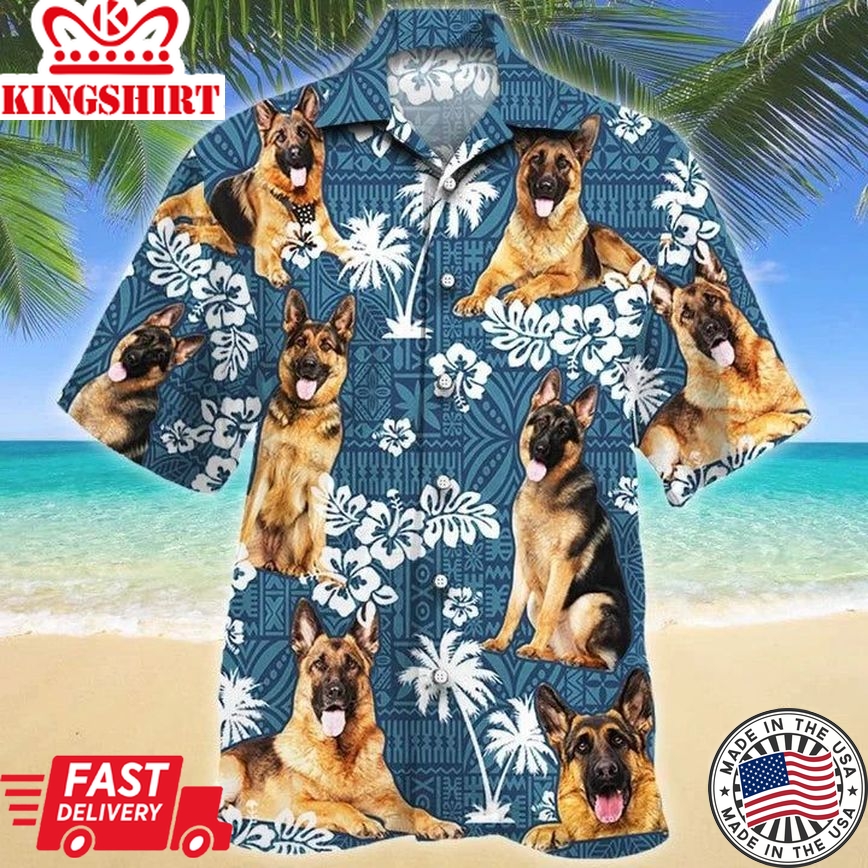 German Shepherd Shirts, Tongue Out German Shepherd Dog Lovers Blue Tribal Pattern Hawaiian Shirt