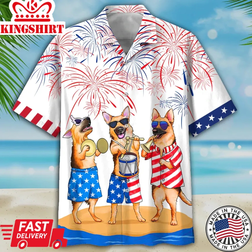 German Shepherd Trendy Hawaiian Shirt, Men's Usa Patriotic Trendy Hawaiian Shirt, Patriotic Aloha Shirts