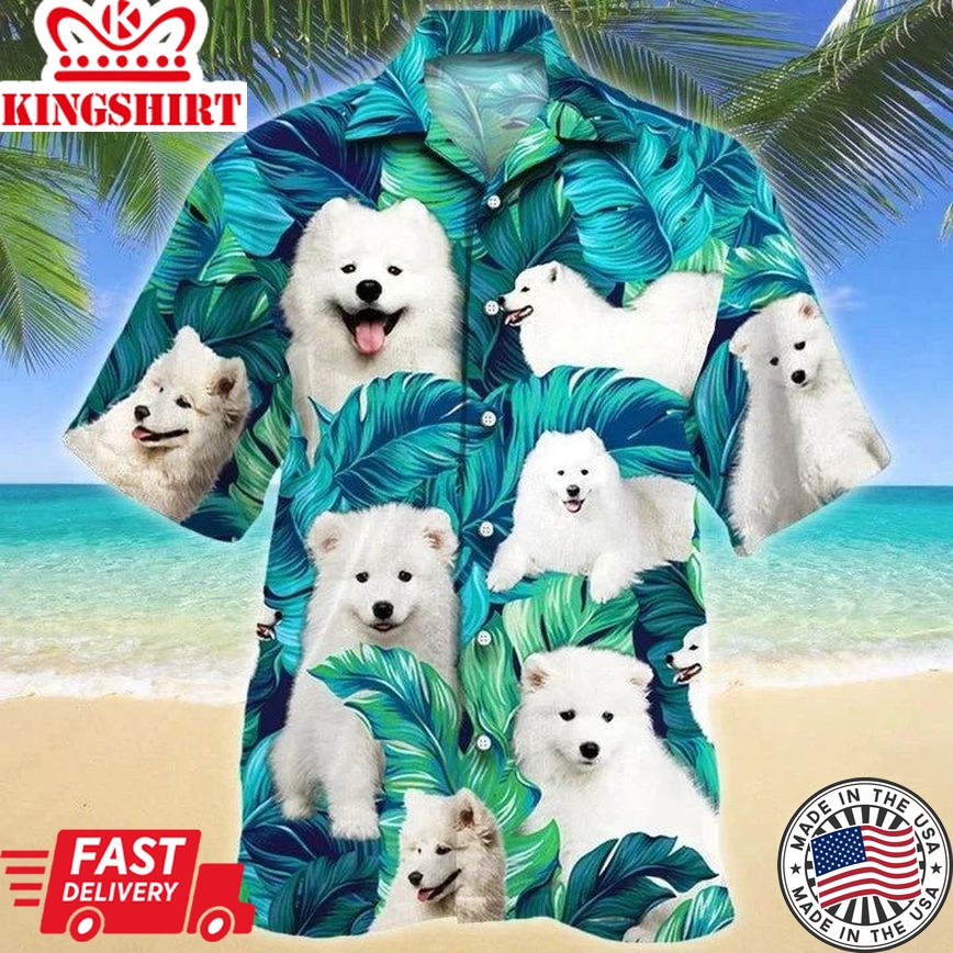 Gift For Kawaii Samoyed Dog Lovers Summer Beach Palm Tree Pattern Hawaiian Shirt