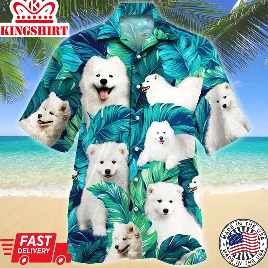 Gift For Kawaii Samoyed Dog Lovers Summer Beach Palm Tree Pattern Trendy Hawaiian Shirt