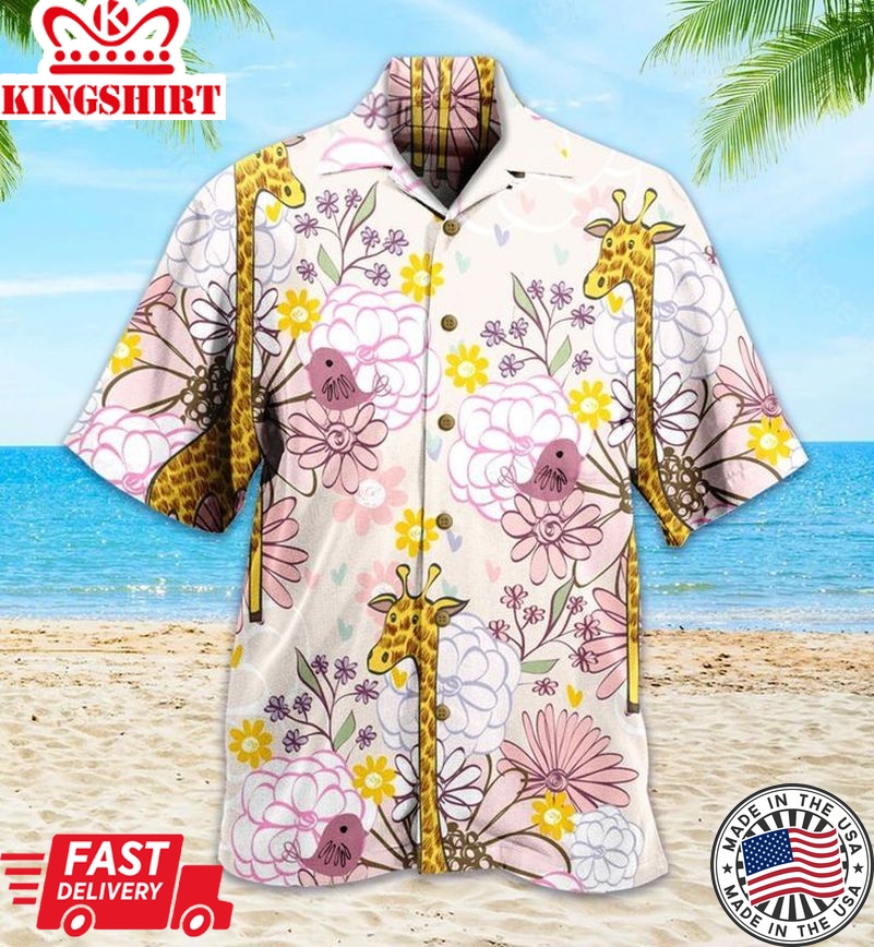 Giraffe Bird Floral Pink Trendy Hawaiian Shirt 3D Summer Gifts