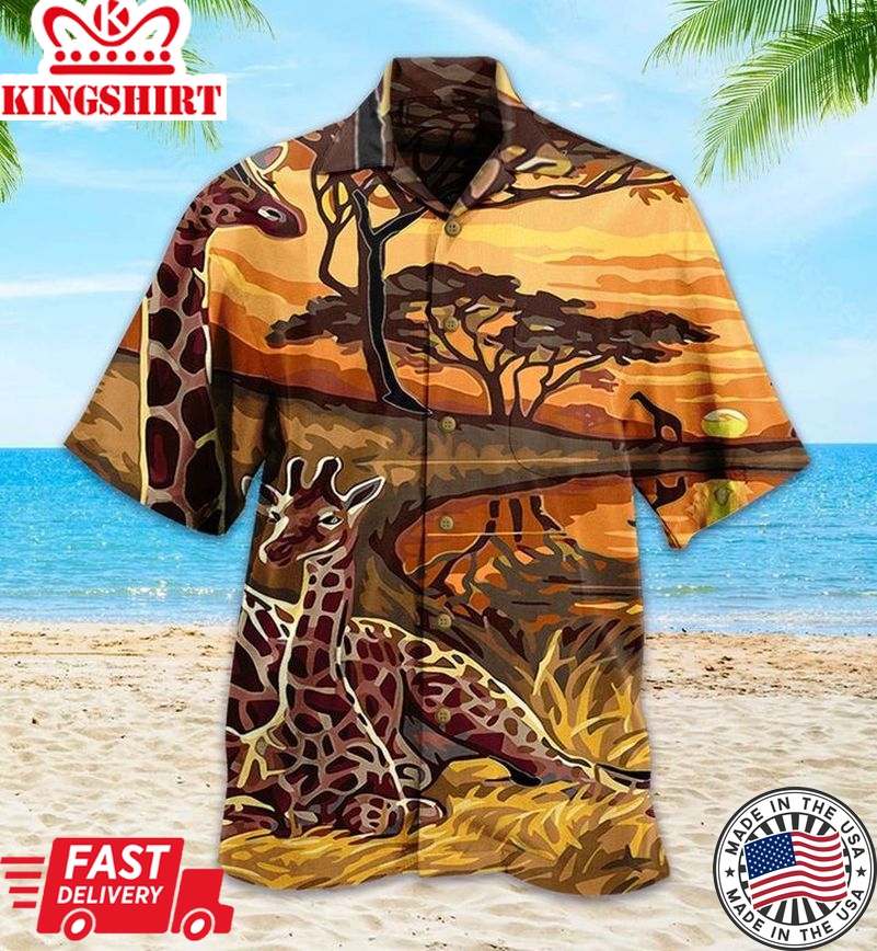 Giraffe Couple Sunset Orange Trendy Hawaiian Shirt 3D Summer Gifts