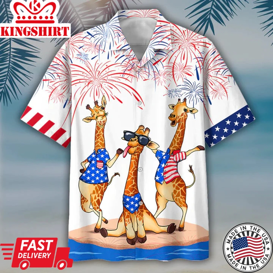 Giraffe Trendy Hawaiian Shirt For Independence's Day, Happy 4Th Of July Patriotic Giraffe Hawaii Aloha Beach Shirt Full Print