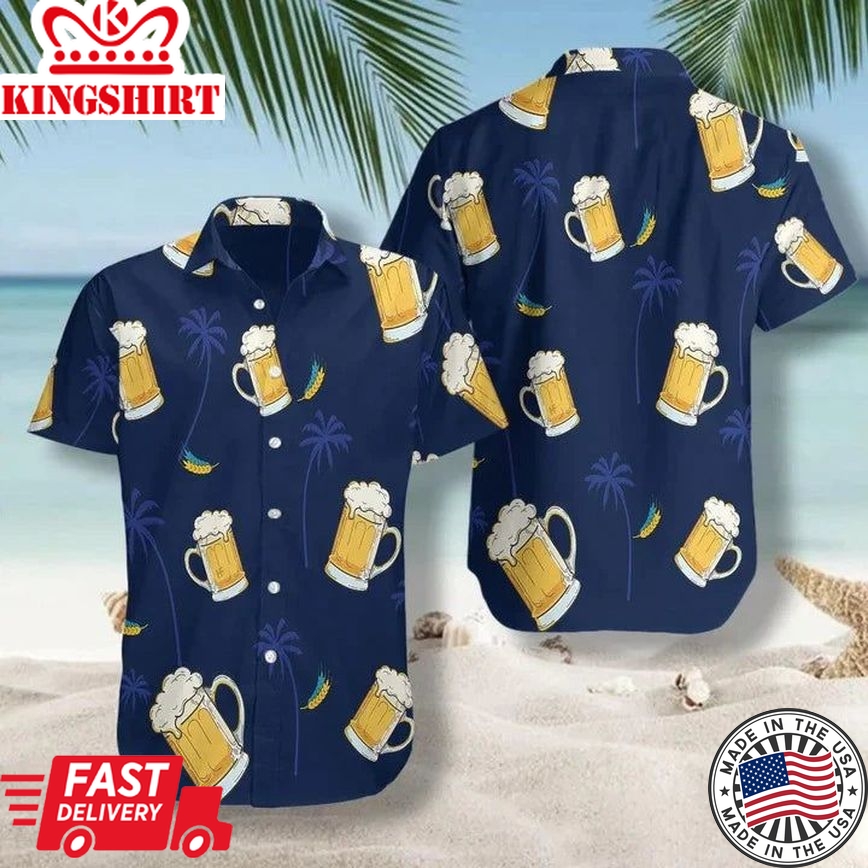 Glass Of Beer Cheers Palms At Night Design Hawaiian Shirt