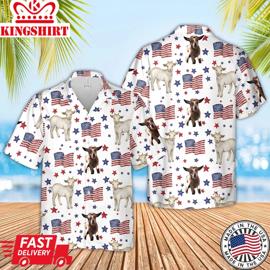 Goat American Flag Pattern Trendy Hawaiian Shirt, Funny Cow Trendy Hawaiian Shirt, 4Th Of July Trendy Hawaiian Shirt