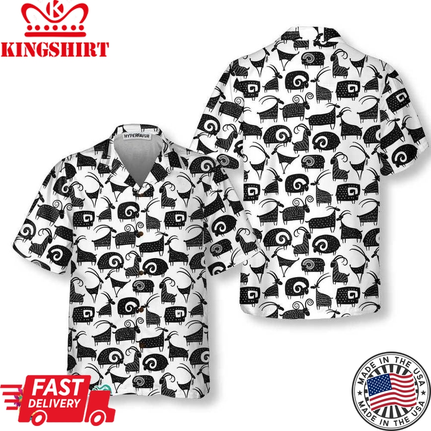 Goat And Ram Seamless Pattern Hawaiian Shirt, Black And White Goat Shirt For Men & Women