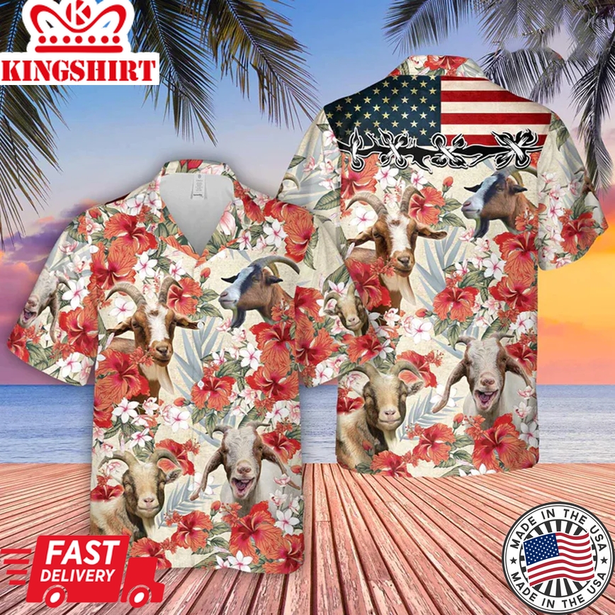 Goat Hibicus Floral Us Flag 3D Trendy Hawaiian Shirt, Summer Aloha Shirt Men And Women