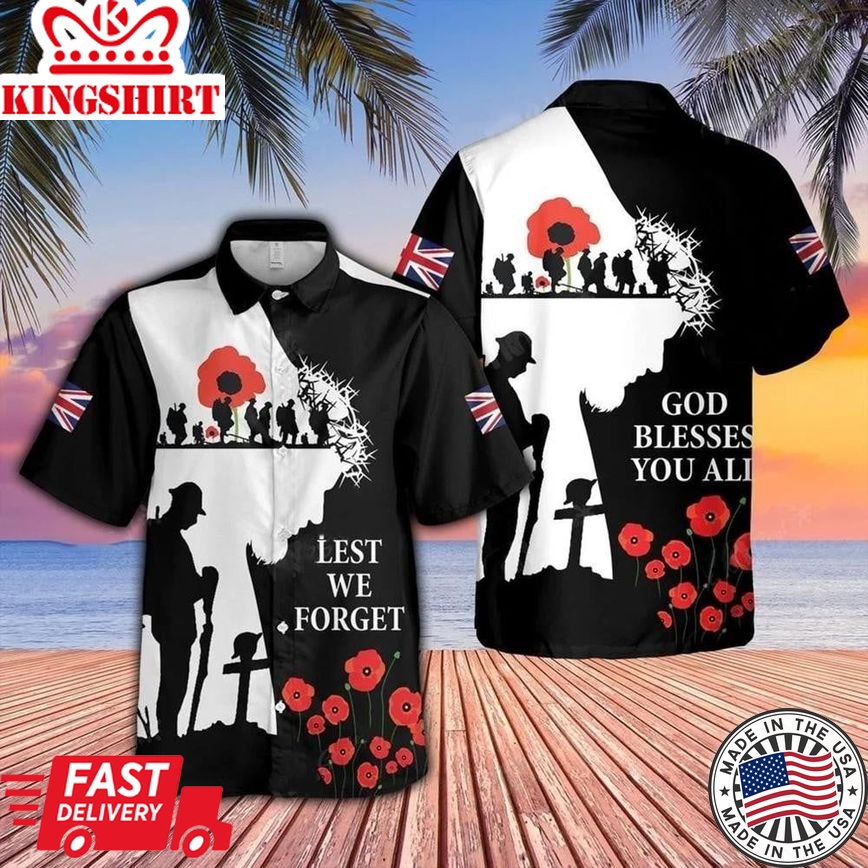 God Blessed You All Veteran Silhouette Lest We Forget Black And White Hawaiian Shirt