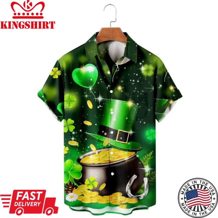 Gold Golden Irish Hawaiian Shirt, St. Patrick's Day 3D Shirt, Shamrock Hawaiian Shirt